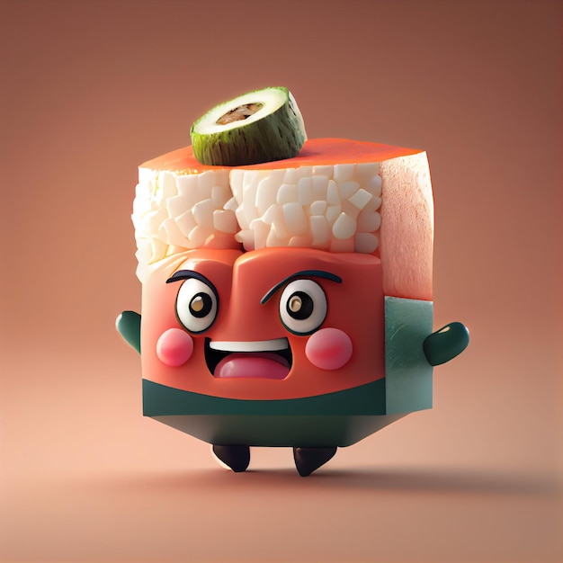 Kawaii sushi 3d character render Cute funny sushi illustration