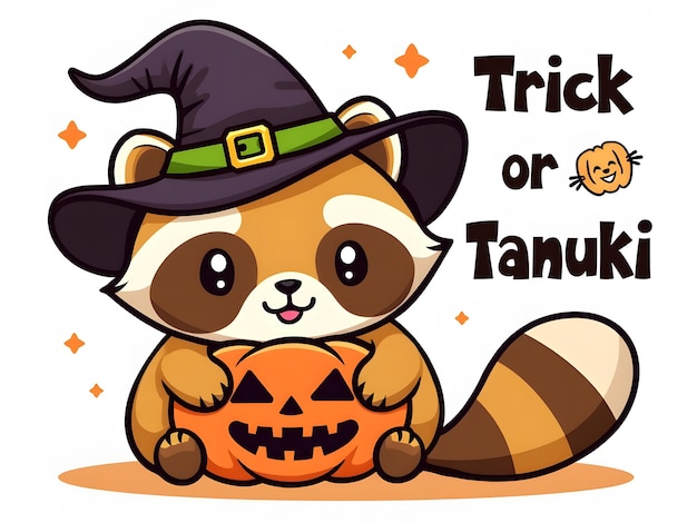 Kawaii Tanuki Witch TShirt Design Trick or Treat Tanuki Eats