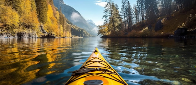 Kayak on alpine lake in fall