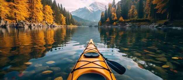 Kayak on alpine lake in fall