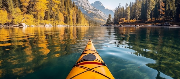 Kayak on alpine lake in fall