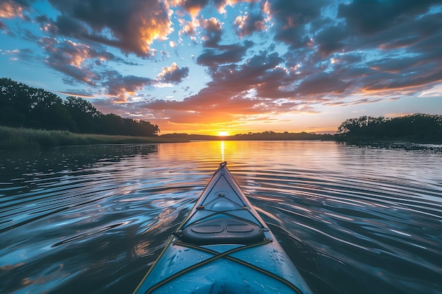 Kayak on Serene Lake at Sunset