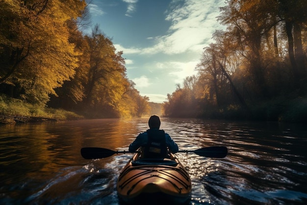 A kayak with a person on the back is on a river with trees in the background.