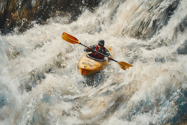 Photo a kayaker navigates a churning river paddling with determination through the whitewater rapids