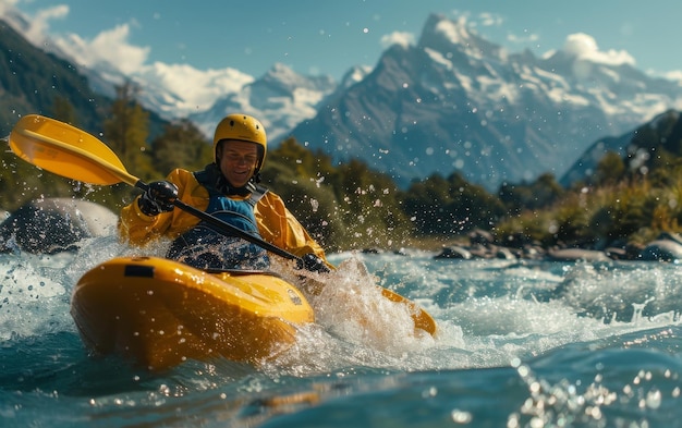 Kayaker Navigates Rapids in Mountainous Landscape