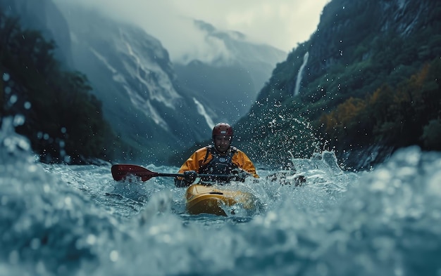 Kayaker Navigates Turbulent Waters in Fjord Landscape