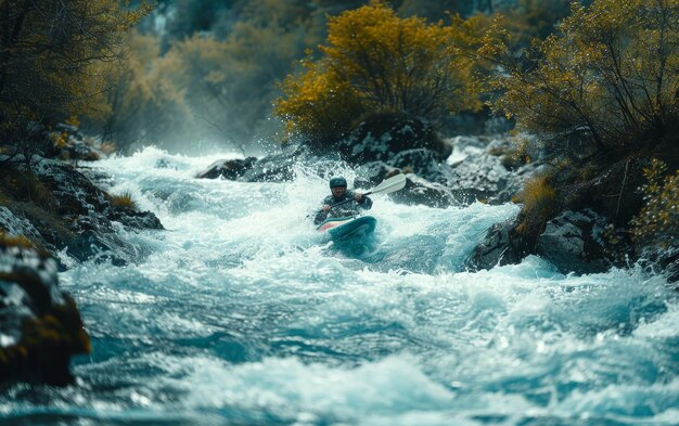 Photo kayaker navigating raging river rapids in forested mountain landscape