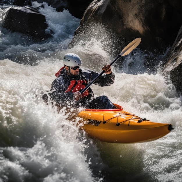 Photo a kayaker navigating through rough white water rapids