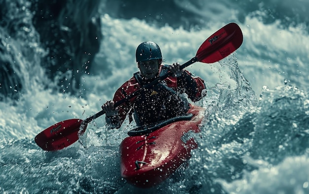 Kayaker Navigating Whitewater Rapids in a Red Kayak