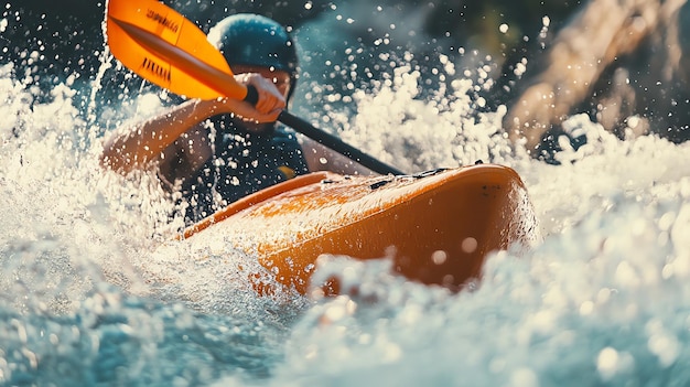 A kayaker paddles through a rushing river the spray of water creating a beautiful blur of motion