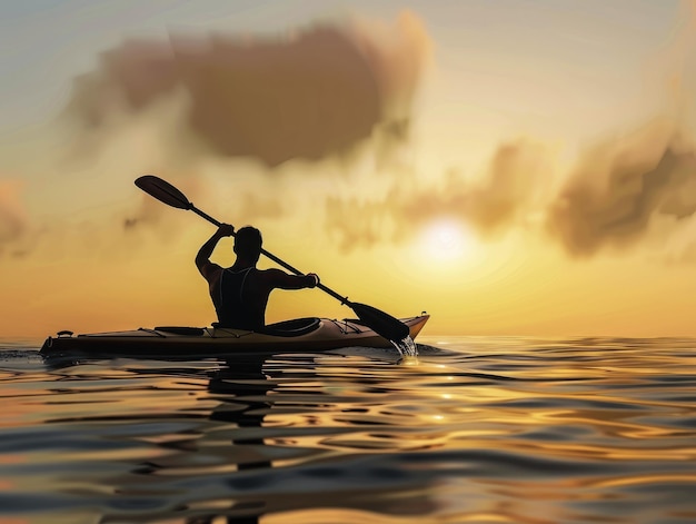 Kayaker paddling at sunset