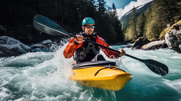 Kayaker powering through fastflowing river