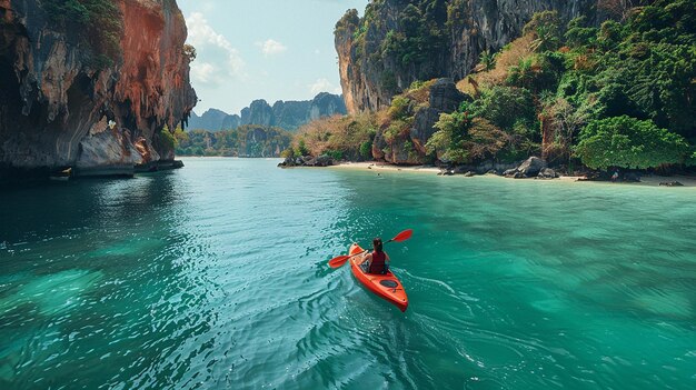 Photo kayaking on the blue waters of a bay