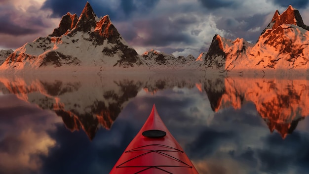 Kayaking in Glacier Lake Water surrounded by Rugged Alpine Mountain Landscape