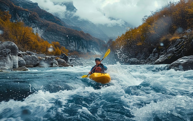 Kayaking Through Mountain Rapids on a Cloudy Autumn Day