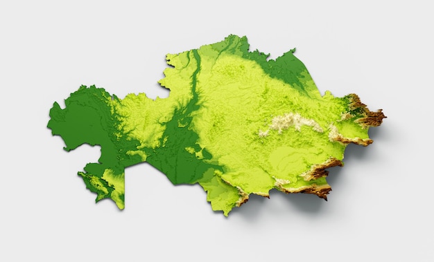 Kazakhstan Map Shaded relief Color Height map on white Background 3d illustration