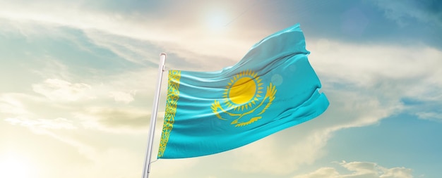 Photo kazakhstan national flag waving in the beautiful sky