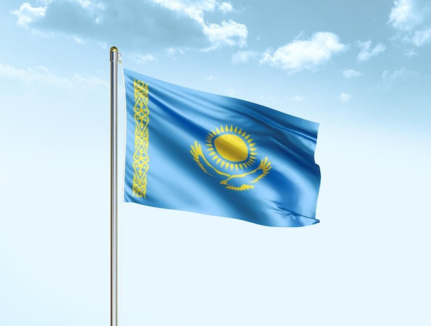 Kazakhstan national flag waving in blue sky with clouds Kazakhstan flag 3D illustration