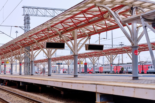 Kazan, Russia - 04.21.2021 Kazan railway station platform. travel during a pandemic. Deserted train stop. expensive train tickets. The collapse of tourism. Bankruptcy of travel companies