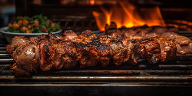 Kebab meat on skewers in front of the grill in the restaurant