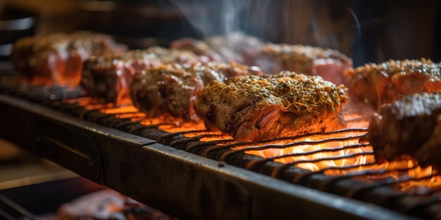 Kebab meat on skewers in front of the grill in the restaurant