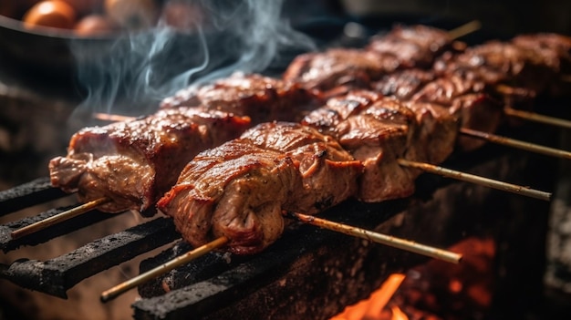 Kebab meat on skewers in front of the grill