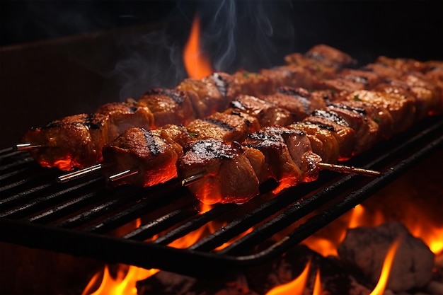 Kebab roasting on a grill with fires generated by AI