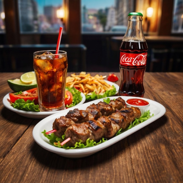 Kebab set and CocaCola on the looking beautiful table and colorful background AI Generated