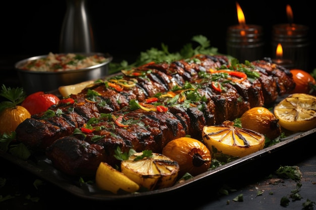 Kebab whole lamb coast and grilled potatoes on steel skewers generative IA