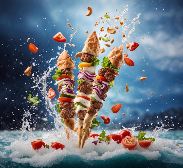 Kebab with flying ingredients and splashes of water on blue background