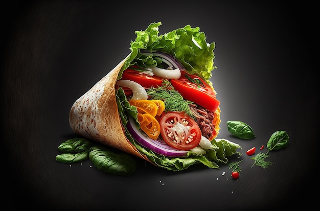 Kebab wrap product studio photo dark black background fresh salad tomato onion illustration generative ai