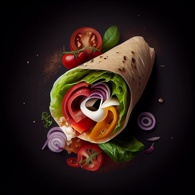 Kebab wrap product studio photo dark black background fresh salad tomato oniongenerative ai