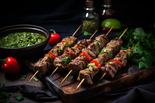 Photo kebabs with a spicy salsa verde yummy delicious kebab food photography