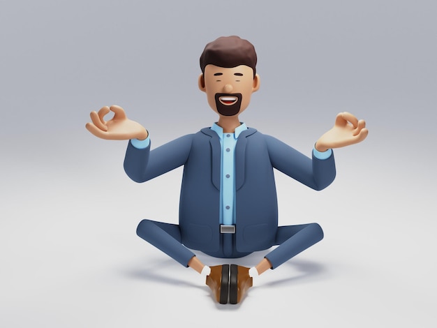 Keep calm business concept Cartoon character businessman meditating in yoga lotus position Isolated on white background 3D illustration