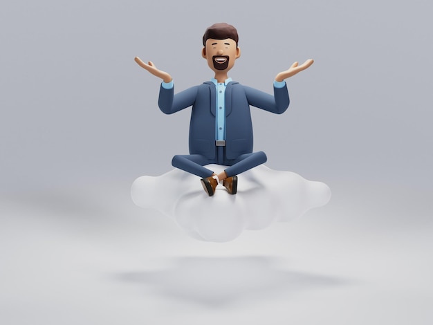 Keep calm business concept Cartoon character businessman meditating in yoga lotus position sitting on a cloud Isolated on white background 3D illustration