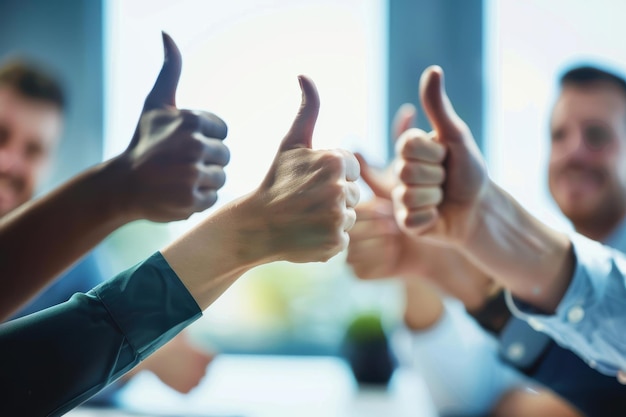 Photo keep up the amazing work cropped shot of a team of colleagues showing thumbs up at work