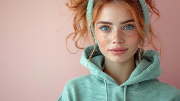 Keeping an eye on her mobile phone a young Caucasian ginger woman wearing a green hoody sits beside an area isolated on a pastel light pink background studio portrait lifestyle idea