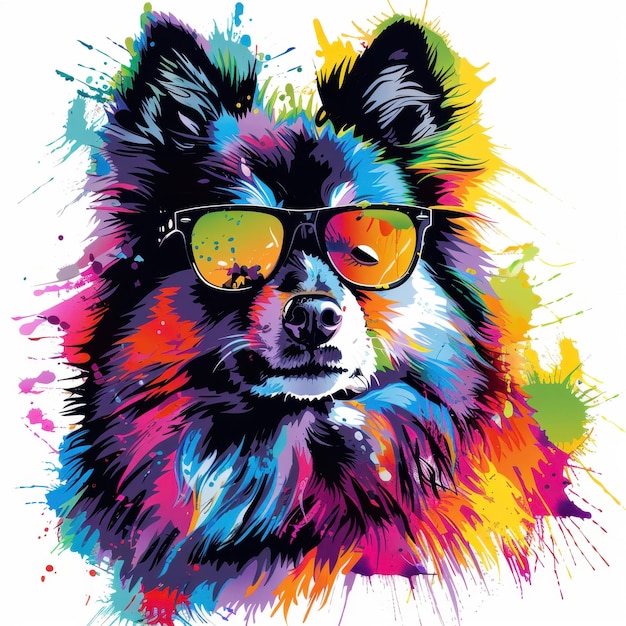 Keeshond dog wearing sunglasses in colorful pop art style