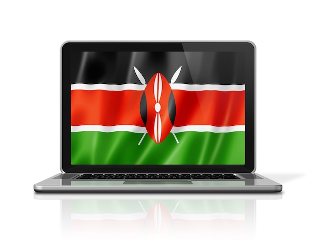 Kenya flag on laptop screen isolated on white. 3D illustration render.