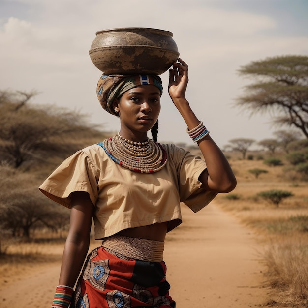 Kenyan girl carries a clay jug