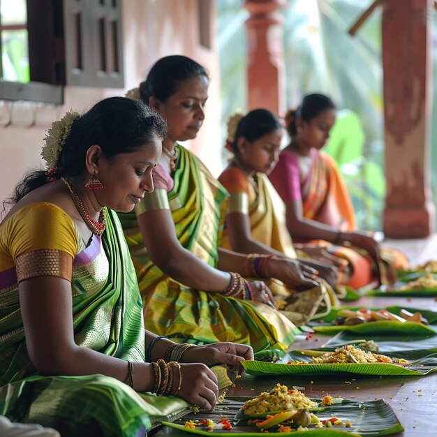 Photo kerala family in traditional wear sitting on the floor for a meal