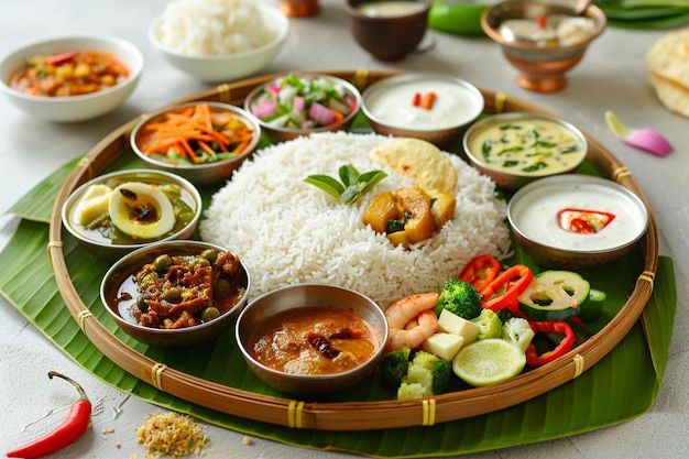 Kerala ona sadya onam feast vegetarian thali served on a round plate with banana leaf