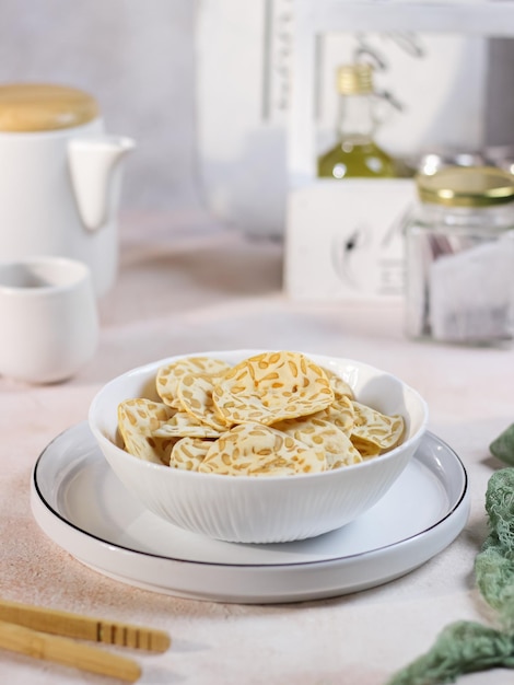 Keripik tempe ,traditional javanese food made from thinly sliced tempeh are then fried