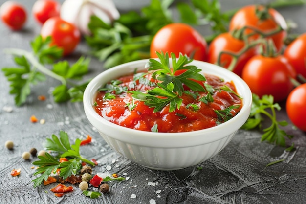 Ketchup in a bowl and ingredients for its preparation tomatoes paprika and spices