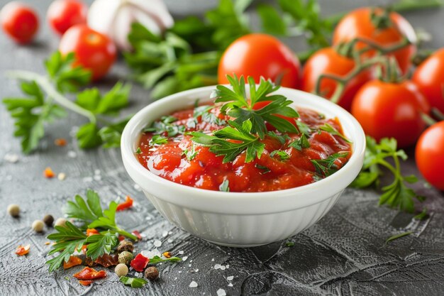 Photo ketchup in a bowl and ingredients for its preparation tomatoes paprika and spices