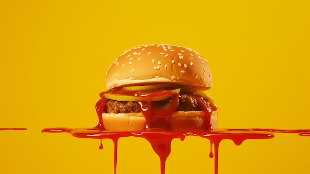 Ketchupcovered Hamburger on Yellow Background