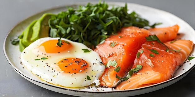 Photo keto breakfast with eggs salmon and avocado concept healthy recipes keto diet eggbased dishes highprotein breakfast avocado infused meals