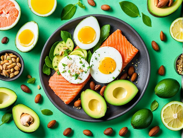 Photo keto diet concept featuring salmon avocado eggs nuts and seeds on a bright green background