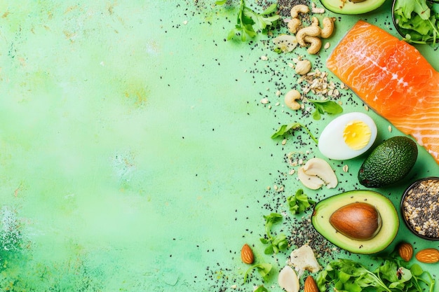 Photo keto diet concept salmon avocado eggs nuts and seeds bright color background