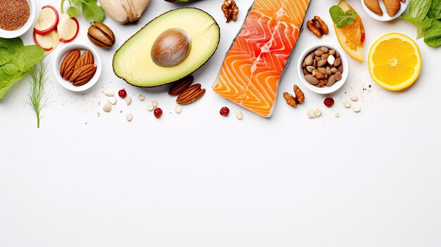 Keto Diet Concept Salmon Avocado Eggs Nuts and Seeds